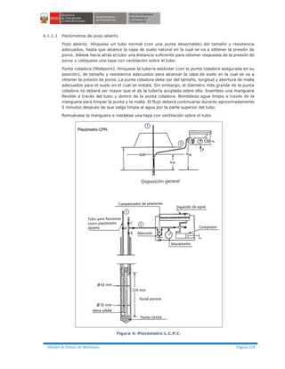 Manual de Ensayo de Materiales Página 228
6.1.1.1 Piezómetros de pozo abierto
Pozo abierto. Hínquese un tubo normal (con una punta desechable) del tamaño y resistencia
adecuados, hasta que alcance la capa de suelo natural en la cual se va a obtener la presión de
poros. Hálese hacia atrás el tubo una distancia suficiente para obtener respuesta de la presión de
poros y colóquese una tapa con ventilación sobre el tubo.
Punta coladora (Wellpoint). Hínquese la tubería estándar (con la punta coladora asegurada en su
posición), de tamaño y resistencia adecuados para alcanzar la capa de suelo en la cual se va a
obtener la presión de poros. La punta coladora debe ser del tamaño, longitud y abertura de malla
adecuados para el suelo en el cual se instala. Sin embargo, el diámetro más grande de la punta
coladora no deberá ser mayor que el de la tubería acoplada sobre ella. Insértese una manguera
flexible a través del tubo y dentro de la punta coladora. Bombéese agua limpia a través de la
manguera para limpiar la punta y la malla. El flujo deberá continuarse durante aproximadamente
5 minutos después de que salga limpia el agua por la parte superior del tubo.
Remuévase la manguera e instálese una tapa con ventilación sobre el tubo.
Figura 4: Piezómetro L.C.P.C.
 