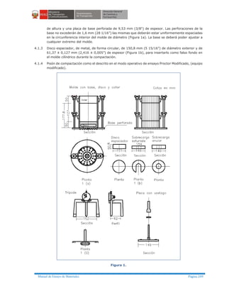Manual de Ensayo de Materiales Página 249
de altura y una placa de base perforada de 9,53 mm (3/8") de espesor. Las perforaciones de la
base no excederán de 1,6 mm (28 1/16”) las mismas que deberán estar uniformemente espaciadas
en la circunferencia interior del molde de diámetro (Figura 1a). La base se deberá poder ajustar a
cualquier extremo del molde.
4.1.3 Disco espaciador, de metal, de forma circular, de 150,8 mm (5 15/16”) de diámetro exterior y de
61,37 ± 0,127 mm (2,416 ± 0,005”) de espesor (Figura 1b), para insertarlo como falso fondo en
el molde cilíndrico durante la compactación.
4.1.4 Pisón de compactación como el descrito en el modo operativo de ensayo Proctor Modificado, (equipo
modificado).
Figura 1.
 