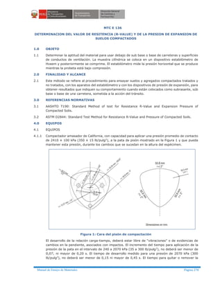 Manual de Ensayo de Materiales Página 278
MTC E 136
DETERMINACION DEL VALOR DE RESITENCIA (R-VALUE) Y DE LA PRESION DE EXPANSION DE
SUELOS COMPACTADOS
1.0 OBJETO
1.1 Determinar la aptitud del material para usar debajo de sub base o base de carreteras y superficies
de conductos de ventilación. La muestra cilíndrica se coloca en un dispositivo estabilómetro de
Hveem y posteriormente se comprime. El estabilómetro mide la presión horizontal que se produce
mientras la probeta está bajo compresión.
2.0 FINALIDAD Y ALCANCE
2.1 Este método se refiere al procedimiento para ensayar suelos y agregados compactados tratados y
no tratados, con los aparatos del estabilómetro y con los dispositivos de presión de expansión, para
obtener resultados que indiquen su comportamiento cuando están colocados como subrasante, súb
base o base de una carretera, sometida a la acción del tránsito.
3.0 REFERENCIAS NORMATIVAS
3.1 AASHTO T190: Standard Method of test for Resistance R-Value and Expansion Pressure of
Compacted Solis.
3.2 ASTM D2844: Standard Test Method for Resistance R-Value and Pressure of Compacted Soils.
4.0 EQUIPOS
4.1 EQUIPOS
4.1.1 Compactador amasador de California, con capacidad para aplicar una presión promedio de contacto
de 2410 ± 100 kPa (350 ± 15 lb/pulg2
), a la pata de pisón mostrado en la Figura 1 y que pueda
mantener esta presión, durante los cambios que se sucedan en la altura del espécimen.
Figura 1: Cara del pisón de compactación
El desarrollo de la relación carga-tiempo, deberá estar libre de “vibraciones” o de evidencias de
cambios en la pendiente, asociados con impactos. El incremento del tiempo para aplicación de la
presión de la pata en el intervalo de 240 a 2070 kPa (35 a 300 lb/pulg2
), no deberá ser menor de
0,07; ni mayor de 0,20 s. El tiempo de desarrollo medido para una presión de 2070 kPa (300
lb/pulg2
), no deberá ser menor de 0,15 ni mayor de 0,45 s. El tiempo para quitar o remover la
 