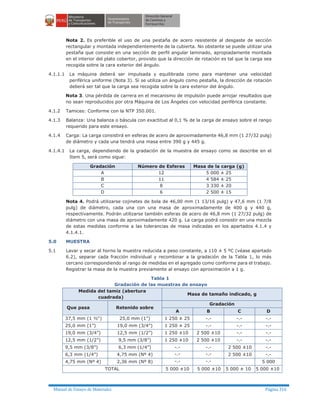 Manual de Ensayo de Materiales Página 316
Nota 2. Es preferible el uso de una pestaña de acero resistente al desgaste de sección
rectangular y montada independientemente de la cubierta. No obstante se puede utilizar una
pestaña que consiste en una sección de perfil angular laminado, apropiadamente montada
en el interior del plato cobertor, provisto que la dirección de rotación es tal que la carga sea
recogida sobre la cara exterior del ángulo.
4.1.1.1 La máquina deberá ser impulsada y equilibrada como para mantener una velocidad
periférica uniforme (Nota 3). Si se utiliza un ángulo como pestaña, la dirección de rotación
deberá ser tal que la carga sea recogida sobre la cara exterior del ángulo.
Nota 3. Una pérdida de carrera en el mecanismo de impulsión puede arrojar resultados que
no sean reproducidos por otra Máquina de Los Ángeles con velocidad periférica constante.
4.1.2 Tamices: Conforme con la NTP 350.001.
4.1.3 Balanza: Una balanza o báscula con exactitud al 0,1 % de la carga de ensayo sobre el rango
requerido para este ensayo.
4.1.4 Carga: La carga consistirá en esferas de acero de aproximadamente 46,8 mm (1 27/32 pulg)
de diámetro y cada una tendrá una masa entre 390 g y 445 g.
4.1.4.1 La carga, dependiendo de la gradación de la muestra de ensayo como se describe en el
Item 5, será como sigue:
Gradación Número de Esferas Masa de la carga (g)
A 12 5 000 ± 25
B 11 4 584 ± 25
C 8 3 330 ± 20
D 6 2 500 ± 15
Nota 4. Podrá utilizarse cojinetes de bola de 46,00 mm (1 13/16 pulg) y 47,6 mm (1 7/8
pulg) de diámetro, cada una con una masa de aproximadamente de 400 g y 440 g,
respectivamente. Podrán utilizarse también esferas de acero de 46,8 mm (1 27/32 pulg) de
diámetro con una masa de aproximadamente 420 g. La carga podrá consistir en una mezcla
de estas medidas conforme a las tolerancias de masa indicadas en los apartados 4.1.4 y
4.1.4.1.
5.0 MUESTRA
5.1 Lavar y secar al horno la muestra reducida a peso constante, a 110 ± 5 ºC (véase apartado
6.2), separar cada fracción individual y recombinar a la gradación de la Tabla 1, lo más
cercano correspondiendo al rango de medidas en el agregado como conforme para el trabajo.
Registrar la masa de la muestra previamente al ensayo con aproximación a 1 g.
Tabla 1
Gradación de las muestras de ensayo
Medida del tamiz (abertura
cuadrada)
Masa de tamaño indicado, g
Que pasa Retenido sobre
Gradación
A B C D
37,5 mm (1 ½“) 25,0 mm (1”) 1 250 ± 25 -.- -.- -.-
25,0 mm (1”) 19,0 mm (3/4”) 1 250 ± 25 -.- -.- -.-
19,0 mm (3/4”) 12,5 mm (1/2”) 1 250 ±10 2 500 ±10 -.- -.-
12,5 mm (1/2”) 9,5 mm (3/8”) 1 250 ±10 2 500 ±10 -.- -.-
9,5 mm (3/8”) 6,3 mm (1/4”) -.- -.- 2 500 ±10 -.-
6,3 mm (1/4”) 4,75 mm (Nº 4) -.- -.- 2 500 ±10 -.-
4,75 mm (Nº 4) 2,36 mm (Nº 8) -.- -.- 5 000
TOTAL 5 000 ±10 5 000 ±10 5 000 ± 10 5 000 ±10
 