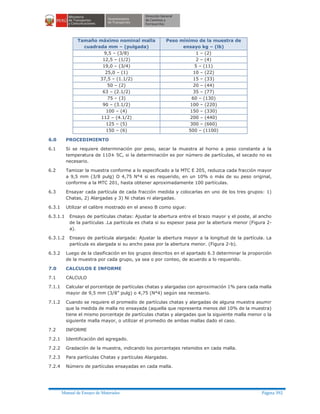 Manual de Ensayo de Materiales Página 392
Tamaño máximo nominal malla
cuadrada mm – (pulgada)
Peso mínimo de la muestra de
ensayo kg – (lb)
9,5 – (3/8) 1 – (2)
12,5 – (1/2) 2 – (4)
19,0 – (3/4) 5 – (11)
25,0 – (1) 10 – (22)
37,5 – (1.1/2) 15 – (33)
50 – (2) 20 – (44)
63 – (2.1/2) 35 – (77)
75 – (3) 60 – (130)
90 – (3.1/2) 100 – (220)
100 – (4) 150 – (330)
112 – (4.1/2) 200 – (440)
125 – (5) 300 – (660)
150 – (6) 500 – (1100)
6.0 PROCEDIMIENTO
6.1 Si se requiere determinación por peso, secar la muestra al horno a peso constante a la
temperatura de 110± 5C, si la determinación es por número de partículas, el secado no es
necesario.
6.2 Tamizar la muestra conforme a lo especificado a la MTC E 205, reduzca cada fracción mayor
a 9,5 mm (3/8 pulg) O 4,75 N°4 si es requerido, en un 10% o más de su peso original,
conforme a la MTC 201, hasta obtener aproximadamente 100 partículas.
6.3 Ensayar cada partícula de cada fracción medida y colocarlas en uno de los tres grupos: 1)
Chatas, 2) Alargadas y 3) Ni chatas ni alargadas.
6.3.1 Utilizar el calibre mostrado en el anexo B como sigue:
6.3.1.1 Ensayo de partículas chatas: Ajustar la abertura entre el brazo mayor y el poste, al ancho
de la partículas .La partícula es chata si su espesor pasa por la abertura menor (Figura 2-
a).
6.3.1.2 Ensayo de partícula alargada: Ajustar la abertura mayor a la longitud de la partícula. La
partícula es alargada si su ancho pasa por la abertura menor. (Figura 2-b).
6.3.2 Luego de la clasificación en los grupos descritos en el apartado 6.3 determinar la proporción
de la muestra por cada grupo, ya sea o por conteo, de acuerdo a lo requerido.
7.0 CALCULOS E INFORME
7.1 CALCULO
7.1.1 Calcular el porcentaje de partículas chatas y alargadas con aproximación 1% para cada malla
mayor de 9,5 mm (3/8” pulg) o 4,75 (N°4) según sea necesario.
7.1.2 Cuando se requiere el promedio de partículas chatas y alargadas de alguna muestra asumir
que la medida de malla no ensayada (aquella que representa menos del 10% de la muestra)
tiene el mismo porcentaje de partículas chatas y alargadas que la siguiente malla menor o la
siguiente malla mayor, o utilizar el promedio de ambas mallas dado el caso.
7.2 INFORME
7.2.1 Identificación del agregado.
7.2.2 Gradación de la muestra, indicando los porcentajes retenidos en cada malla.
7.2.3 Para partículas Chatas y partículas Alargadas.
7.2.4 Número de partículas ensayadas en cada malla.
 