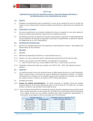 Manual de Ensayo de Materiales Página 41
MTC E 106
PREPARACION EN SECO DE MUESTRAS PARA EL ANALISIS GRANULOMETRICO Y
DETERMINACION DE LAS CONSTANTES DEL SUELO
1.0 OBJETO
1.1 Establecer el procedimiento para la preparación en seco de las muestras tal como se reciben del
campo y que se utilizan para el ensayo de análisis granulométrico y determinar las constantes del
suelo.
2.0 FINALIDAD Y ALCANCE
2.1 Con este procedimiento, las muestras recibidas del campo se preparan en seco para realizar el
ensayo de análisis granulométrico y determinar las constantes del suelo.
2.2 Este Método de Ensayo no propone los requisitos concernientes a seguridad. Es responsabilidad del
Usuario establecer las cláusulas de seguridad y salubridad correspondientes, y determinar además
las obligaciones de su uso e interpretación.
3.0 REFERENCIAS NORMATIVAS
3.1 ASTM D 421: Standard Practice for Dry Preparation of Soil Samples for Particle – Size Analysis and
Determination of Soil Constants.
4.0 EQUIPOS
4.1 EQUIPOS
4.1.1 Balanzas de capacidad conveniente y con aproximación de 0,1 g.
4.1.2 Mortero, con mazo cubierto de caucho, adecuado para desmenuzar los terrones de suelo.
4.1.3 Tamices, que cumplan con la NTP 350.001. Los siguientes son requeridos:
A. Tamiz 4,750 mm (Nº 4); B. Tamiz 2,000 mm (Nº 10); C. Tamiz 0,425 mm (Nº 40)
4.1.4 Cuarteador mecánico de suelos que cumplan con la MTC E 105 – 2013. Este aparato es de uso
optativo.
5.0 MUESTRA
5.1 La muestra de suelo, tal como se recibe del campo, se debe exponer al aire en un cuarto temperado,
hasta su secado total. Los terrones de suelo se desmenuzan utilizando el mortero. La muestra
representativa se constituye con la cantidad necesaria para utilizarla en los ensayos y se obtiene
por cuarteo manual o mecánico, de acuerdo a MTC E 105 de este Manual.
5.2 Cantidad de muestra
5.2.1 Ensayo de análisis granulométrico.- En suelos arenosos, la cantidad mínima de muestra
requerida debe ser de 115 g de material que pase o no por el tamiz Nº 10 (2,000 mm), en suelos
limosos o arcillosos, esta cantidad mínima debe ser 65 g.
5.2.1.1 Para el análisis granulométrico la cantidad de muestra necesaria, depende de la proporción entre
finos y gruesos que pase o no por el tamiz Nº 10 (2,000 mm) y del tamaño máximo del material
con el objeto de que sea una cantidad suficiente para poder considerarla representativa. A
continuación se dan algunos valores que pueden servir de orientación:
Tamaño máximo Cantidad mínima retenida en el
tamiz (Nº 10) 2,00 mmNominales Redondeados
9,5 mm (3/8”) 10 mm 500 g
19,0 mm (3/4”) 20 mm 1000 g
25,4 mm (1”) 25 mm 2000 g
38,0 mm (1.1/2”) 40 mm 3000 g
50,8 mm (2”) 50 mm 4000 g
76,2 mm (3”) 80 mm 5000 g
 