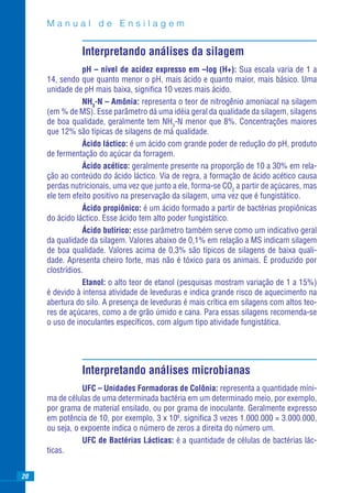 Manual de Ensilagem


               Interpretando análises da silagem
                 pH – nível de acidez expresso em –log (H+): Sua escala varia de 1 a
     14, sendo que quanto menor o pH, mais ácido e quanto maior, mais básico. Uma
     unidade de pH mais baixa, signiﬁca 10 vezes mais ácido.
                 NH3-N – Amônia: representa o teor de nitrogênio amoniacal na silagem
     (em % de MS). Esse parâmetro dá uma idéia geral da qualidade da silagem, silagens
     de boa qualidade, geralmente tem NH3-N menor que 8%. Concentrações maiores
     que 12% são típicas de silagens de má qualidade.
                 Ácido láctico: é um ácido com grande poder de redução do pH, produto
     de fermentação do açúcar da forragem.
                 Ácido acético: geralmente presente na proporção de 10 a 30% em rela-
     ção ao conteúdo do ácido láctico. Via de regra, a formação de ácido acético causa
     perdas nutricionais, uma vez que junto a ele, forma-se CO2 a partir de açúcares, mas
     ele tem efeito positivo na preservação da silagem, uma vez que é fungistático.
                 Ácido propiônico: é um ácido formado a partir de bactérias propiônicas
     do ácido láctico. Esse ácido tem alto poder fungistático.
                 Ácido butírico: esse parâmetro também serve como um indicativo geral
     da qualidade da silagem. Valores abaixo de 0,1% em relação a MS indicam silagem
     de boa qualidade. Valores acima de 0,3% são típicos de silagens de baixa quali-
     dade. Apresenta cheiro forte, mas não é tóxico para os animais. É produzido por
     clostrídios.
                 Etanol: o alto teor de etanol (pesquisas mostram variação de 1 a 15%)
     é devido à intensa atividade de leveduras e indica grande risco de aquecimento na
     abertura do silo. A presença de leveduras é mais crítica em silagens com altos teo-
     res de açúcares, como a de grão úmido e cana. Para essas silagens recomenda-se
     o uso de inoculantes especíﬁcos, com algum tipo atividade fungistática.




               Interpretando análises microbianas
                UFC – Unidades Formadoras de Colônia: representa a quantidade míni-
     ma de células de uma determinada bactéria em um determinado meio, por exemplo,
     por grama de material ensilado, ou por grama de inoculante. Geralmente expresso
     em potência de 10, por exemplo, 3 x 106, signiﬁca 3 vezes 1.000.000 = 3.000.000,
     ou seja, o expoente indica o número de zeros a direita do número um.
                UFC de Bactérias Lácticas: é a quantidade de células de bactérias lác-
     ticas.


20
 