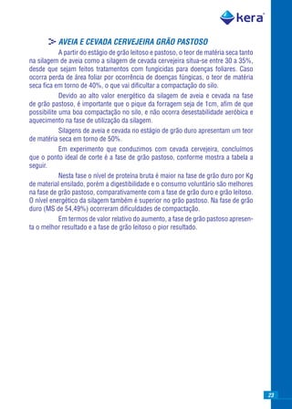 >AVEIA E CEVADA CERVEJEIRA GRÃO PASTOSO
            A partir do estágio de grão leitoso e pastoso, o teor de matéria seca tanto
na silagem de aveia como a silagem de cevada cervejeira situa-se entre 30 a 35%,
desde que sejam feitos tratamentos com fungicidas para doenças foliares. Caso
ocorra perda de área foliar por ocorrência de doenças fúngicas, o teor de matéria
seca ﬁca em torno de 40%, o que vai diﬁcultar a compactação do silo.
            Devido ao alto valor energético da silagem de aveia e cevada na fase
de grão pastoso, é importante que o pique da forragem seja de 1cm, aﬁm de que
possibilite uma boa compactação no silo, e não ocorra desestabilidade aeróbica e
aquecimento na fase de utilização da silagem.
            Silagens de aveia e cevada no estágio de grão duro apresentam um teor
de matéria seca em torno de 50%.
            Em experimento que conduzimos com cevada cervejeira, concluímos
que o ponto ideal de corte é a fase de grão pastoso, conforme mostra a tabela a
seguir.
            Nesta fase o nível de proteína bruta é maior na fase de grão duro por Kg
de material ensilado, porém a digestibilidade e o consumo voluntário são melhores
na fase de grão pastoso, comparativamente com a fase de grão duro e grão leitoso.
O nível energético da silagem também é superior no grão pastoso. Na fase de grão
duro (MS de 54,49%) ocorreram diﬁculdades de compactação.
            Em termos de valor relativo do aumento, a fase de grão pastoso apresen-
ta o melhor resultado e a fase de grão leitoso o pior resultado.




                                                                                          23
 