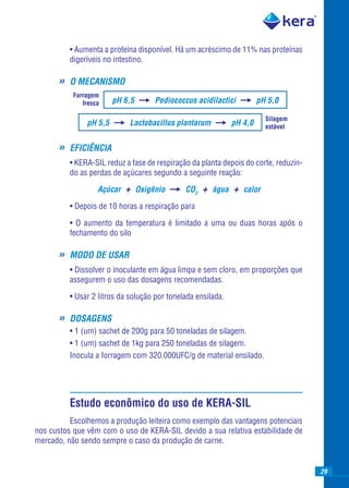 • Aumenta a proteína disponível. Há um acréscimo de 11% nas proteínas
          digeríveis no intestino.

      »   O MECANISMO
           Forragem
              fresca    pH 6,5      Pediococcus acidilactici           pH 5,0

                                                                         Silagem
               pH 5,5        Lactobacillus plantarum          pH 4,0     estável


      »   EFICIÊNCIA
          • KERA-SIL reduz a fase de respiração da planta depois do corte, reduzin-
          do as perdas de açúcares segundo a seguinte reação:

                   Açúcar   + Oxigênio        CO2   + água + calor
          • Depois de 10 horas a respiração para

          • O aumento da temperatura é limitado a uma ou duas horas após o
          fechamento do silo

      »   MODO DE USAR
          • Dissolver o inoculante em água limpa e sem cloro, em proporções que
          assegurem o uso das dosagens recomendadas.

          • Usar 2 litros da solução por tonelada ensilada.

      »   DOSAGENS
          • 1 (um) sachet de 200g para 50 toneladas de silagem.
          • 1 (um) sachet de 1kg para 250 toneladas de silagem.
          Inocula a forragem com 320.000UFC/g de material ensilado.




          Estudo econômico do uso de KERA-SIL
          Escolhemos a produção leiteira como exemplo das vantagens potenciais
nos custos que vêm com o uso de KERA-SIL devido a sua relativa estabilidade de
mercado, não sendo sempre o caso da produção de carne.


                                                                                      29
 
