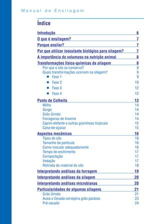 Manual de Ensilagem


    Índice
    Introdução                                            6
    O que é ensilagem?                                    7
    Porque ensilar?                                       7
    Por que utilizar inoculante biológico para silagem?   7
    A importância do volumoso na nutrição animal          8
    Transformações físico-químicas da silagem             8
       Por que o silo se conserva?                         8
       Quais transformações ocorrem na silagem?            9
         • Fase 1                                          9
         • Fase 2                                         10
         • Fase 3                                         12
         • Fase 4                                         12
    Ponto de Colheita                                     13
       Milho                                              14
       Sorgo                                              14
       Grão Úmido                                         14
       Forrageiras de Inverno                             14
       Capim-elefante e outras gramíneas tropicais        15
       Cana-de-açúcar                                     15
    Aspectos mecânicos                                    16
       Tipos de silo                                      16
       Tamanho da partícula                               16
       Como inocular adequadamente                        16
       Tempo de enchimento                                17
       Compactação                                        17
       Vedação                                            17
       Retirada do material do silo                       18
    Interpretando análises da forragem                    19
    Interpretando análises da silagem                     20
    Interpretando análises microbianas                    20
    Particularidades de algumas silagens                  21
       Grão Úmido                                         21
       Aveia e Cevada cervejeira grão pastoso             23
       Pré-secado                                         24
 