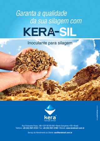Garanta a qualidade
     da sua silagem com

               Inoculante para silagem




                                                                                          www.graphiadesign.com.br




        Rua Fioravante Pozza, 198 • CEP 95700-000 • Bento Gonçalves • RS • Brasil
Telefone: +55 (54) 2521-3124 • Fax: +55 (54) 2521-3100 • Website: www.kerabrasil.com.br

               Serviço de Atendimento ao Cliente: sac@kerabrasil.com.br
 