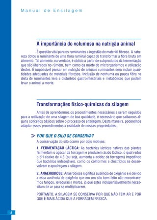 Manual de Ensilagem




              A importância do volumoso na nutrição animal
               É questão vital para os ruminantes a ingestão de material ﬁbroso. A natu-
    reza dotou o ruminante de uma ﬂora ruminal capaz de transformar a ﬁbra bruta em
    alimento. Tal alimento, na verdade, é obtido a partir de subprodutos da fermentação
    que são liberados no rúmem, bem como da morte de microrganismos e utilização
    destes. É impossível pensar em nutrição de animais ruminantes sem incluir quan-
    tidades adequadas de materiais ﬁbrosos. Inclusão de nenhuma ou pouca ﬁbra na
    dieta de ruminantes leva a distúrbios gastrointestinais e metabólicos que podem
    levar o animal a morte.




              Transformações físico-químicas da silagem
               Antes de aprendermos os procedimentos necessários a serem seguidos
    para a realização de uma silagem de boa qualidade, é necessário que saibamos al-
    guns conceitos básicos sobre o processo de ensilagem. Desta maneira, poderemos
    adaptar esses procedimentos a realidade de nossas propriedades.

           >POR QUE O SILO SE CONSERVA?
              A conservação do silo ocorre por dois motivos:
              1. FERMENTAÇÃO LÁCTICA: As bactérias lácticas nativas das plantas
              fermentam o açúcar da forragem e produzem ácido láctico, o qual reduz
              o pH abaixo de 4,5 (ou seja, aumenta a acidez da forragem) impedindo
              que bactérias indesejáveis, como os coliformes e clostrídios se desen-
              volvam e apodreçam a silagem.

              2. ANAEROBIOSE: Anaerobiose signiﬁca ausência de oxigênio e é devido
              a essa ausência de oxigênio que em um silo bem feito não encontrare-
              mos fungos, leveduras e mofos, já que estes indispensavelmente neces-
              sitam de ar para se multiplicarem.

              PORTANTO, A SILAGEM SE CONSERVA POR QUE NÃO TEM AR E POR
              QUE É MAIS ÁCIDA QUE A FORRAGEM FRESCA.


8
 