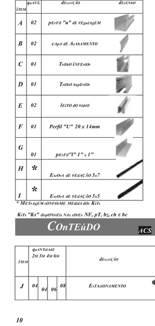 10
* METrAgEM cONFOrME MEdidA dOs KiTs
KiTs "Ks" dispONívEis NAs cOrEs NF, pT, bz, ch E bc
COnTEúDO ACS
iTEM
quANT. dEscriÇÃO dEsENhO
A 02 pErFil "u" dE rEgulAgEM
B 02 cApA dE AcAbAMENTO
C 01 TrilhO iNFEriOr
D 01 TrilhO supEriOr
E 02 lEiTO dO vidrO
F 01 Perfil "U" 20 x 14mm
G
01 pErFil"l" 1" x 1"
H * EscOvA dE vEdAÇÃO 5x7
I * EscOvA dE vEdAÇÃO 5x5
iTEM
quANTidAdE
2M 3M 4M 6M
dEscriÇÃO
J 04
04 06
08 EsTAciONAMENTO
 