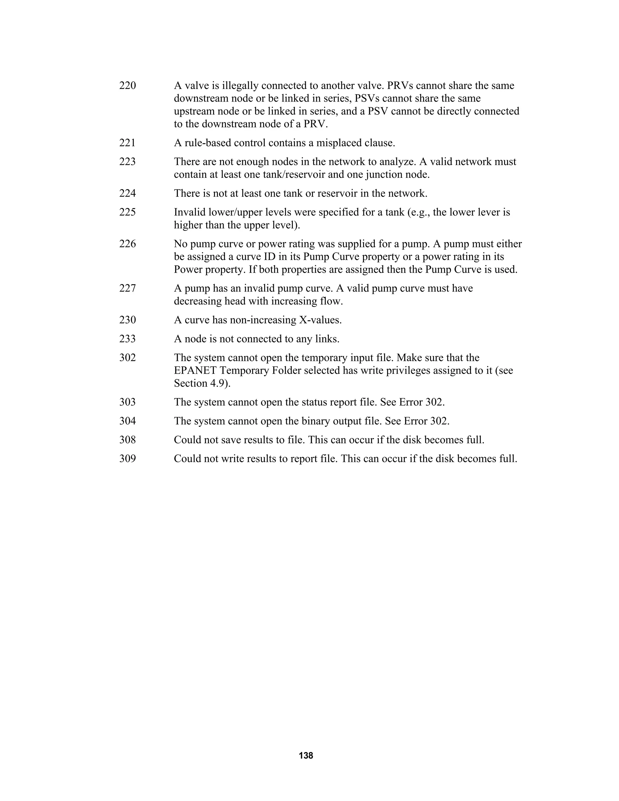 138
220 A valve is illegally connected to another valve. PRVs cannot share the same
downstream node or be linked in series, PSVs cannot share the same
upstream node or be linked in series, and a PSV cannot be directly connected
to the downstream node of a PRV.
221 A rule-based control contains a misplaced clause.
223 There are not enough nodes in the network to analyze. A valid network must
contain at least one tank/reservoir and one junction node.
224 There is not at least one tank or reservoir in the network.
225 Invalid lower/upper levels were specified for a tank (e.g., the lower lever is
higher than the upper level).
226 No pump curve or power rating was supplied for a pump. A pump must either
be assigned a curve ID in its Pump Curve property or a power rating in its
Power property. If both properties are assigned then the Pump Curve is used.
227 A pump has an invalid pump curve. A valid pump curve must have
decreasing head with increasing flow.
230 A curve has non-increasing X-values.
233 A node is not connected to any links.
302 The system cannot open the temporary input file. Make sure that the
EPANET Temporary Folder selected has write privileges assigned to it (see
Section 4.9).
303 The system cannot open the status report file. See Error 302.
304 The system cannot open the binary output file. See Error 302.
308 Could not save results to file. This can occur if the disk becomes full.
309 Could not write results to report file. This can occur if the disk becomes full.
 