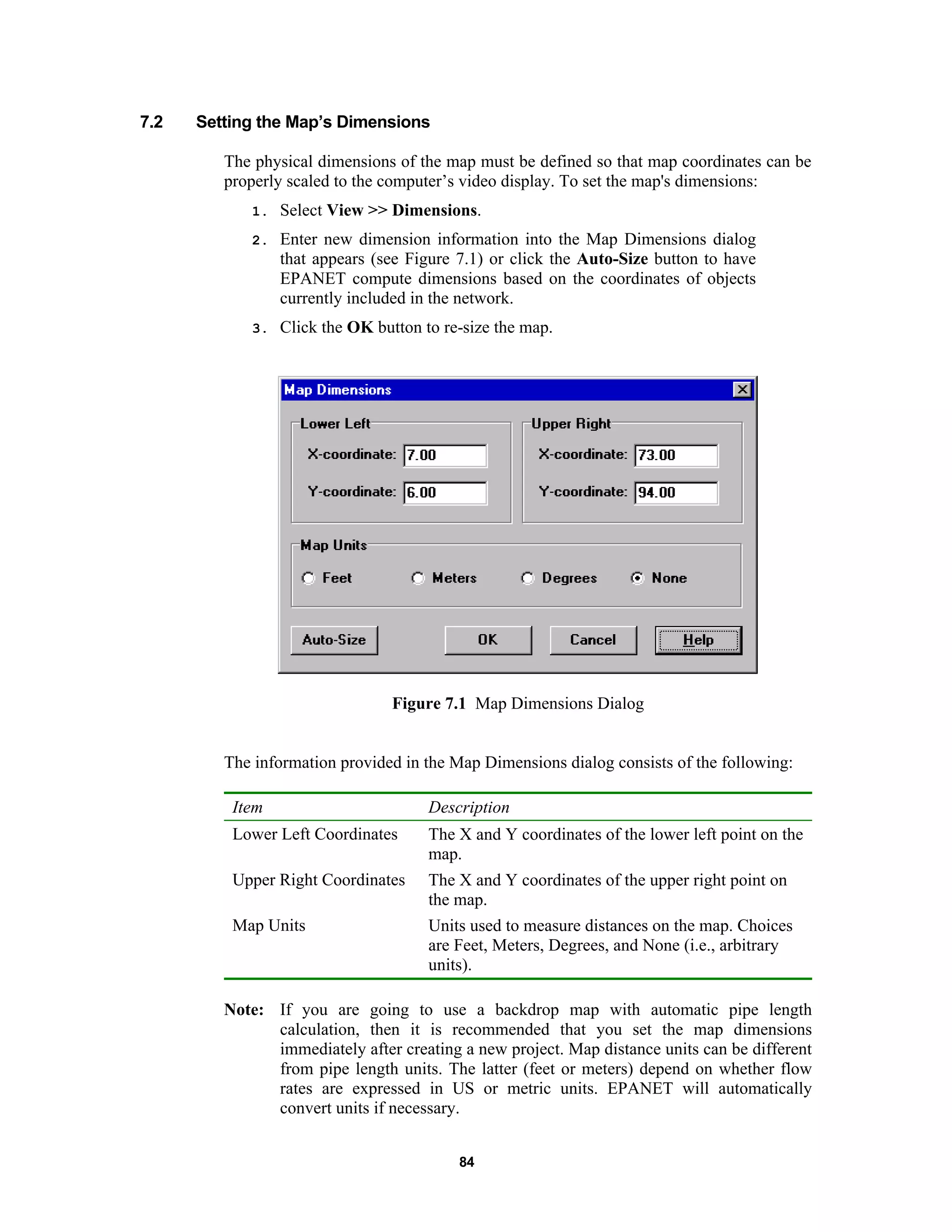 84
7.2 Setting the Map’s Dimensions
The physical dimensions of the map must be defined so that map coordinates can be
properly scaled to the computer’s video display. To set the map's dimensions:
1. Select View >> Dimensions.
2. Enter new dimension information into the Map Dimensions dialog
that appears (see Figure 7.1) or click the Auto-Size button to have
EPANET compute dimensions based on the coordinates of objects
currently included in the network.
3. Click the OK button to re-size the map.
Figure 7.1 Map Dimensions Dialog
The information provided in the Map Dimensions dialog consists of the following:
Item Description
Lower Left Coordinates The X and Y coordinates of the lower left point on the
map.
Upper Right Coordinates The X and Y coordinates of the upper right point on
the map.
Map Units Units used to measure distances on the map. Choices
are Feet, Meters, Degrees, and None (i.e., arbitrary
units).
Note: If you are going to use a backdrop map with automatic pipe length
calculation, then it is recommended that you set the map dimensions
immediately after creating a new project. Map distance units can be different
from pipe length units. The latter (feet or meters) depend on whether flow
rates are expressed in US or metric units. EPANET will automatically
convert units if necessary.
 