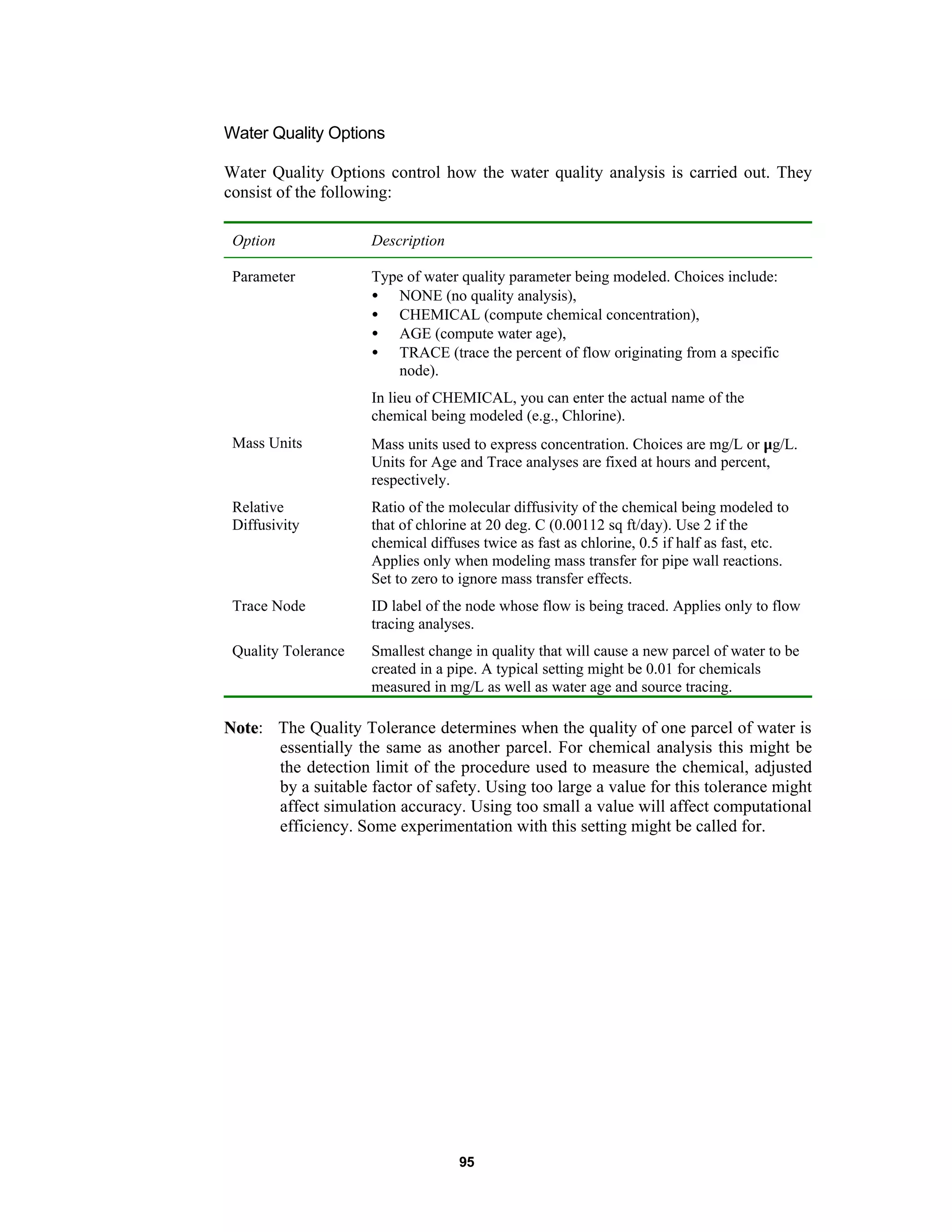 95
Water Quality Options
Water Quality Options control how the water quality analysis is carried out. They
consist of the following:
Option Description
Parameter Type of water quality parameter being modeled. Choices include:
• NONE (no quality analysis),
• CHEMICAL (compute chemical concentration),
• AGE (compute water age),
• TRACE (trace the percent of flow originating from a specific
node).
In lieu of CHEMICAL, you can enter the actual name of the
chemical being modeled (e.g., Chlorine).
Mass Units Mass units used to express concentration. Choices are mg/L or µg/L.
Units for Age and Trace analyses are fixed at hours and percent,
respectively.
Relative
Diffusivity
Ratio of the molecular diffusivity of the chemical being modeled to
that of chlorine at 20 deg. C (0.00112 sq ft/day). Use 2 if the
chemical diffuses twice as fast as chlorine, 0.5 if half as fast, etc.
Applies only when modeling mass transfer for pipe wall reactions.
Set to zero to ignore mass transfer effects.
Trace Node ID label of the node whose flow is being traced. Applies only to flow
tracing analyses.
Quality Tolerance Smallest change in quality that will cause a new parcel of water to be
created in a pipe. A typical setting might be 0.01 for chemicals
measured in mg/L as well as water age and source tracing.
NNoottee: The Quality Tolerance determines when the quality of one parcel of water is
essentially the same as another parcel. For chemical analysis this might be
the detection limit of the procedure used to measure the chemical, adjusted
by a suitable factor of safety. Using too large a value for this tolerance might
affect simulation accuracy. Using too small a value will affect computational
efficiency. Some experimentation with this setting might be called for.
 