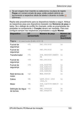 Seleccionar peça
EPLAN Electric P8 Manual de iniciação 103
• Se por engano tiver inserido ou seleccionou na placa de registo
Peças um número errado de peça, então poderá retirá-lo se-
leccionando a respectiva célula da tabela e clicando no botão
(Eliminar).
Repita este procedimento para os dispositivos listados a seguir. Atribua
as respectivas peça aos dispositivos baseado nos Números de peça ci-
tados. Se o diálogo de conflito for chamado, então as propriedades de-
positadas no componente (= Função) devem ser mantidas. Para isso
configure sempre nas respectivas propriedades a opção Manter.
Dispositivo DT
apresentado
Número de peça Número de
peças /
Quantidade
Página 1 Alimentação (=ANL+SCP/1)
Fusível de
segurança
-F1 PXC.0913032 1x
Fusível de
segurança
-F2 PXC.0913032 1x
Transformador -T1 SIE.4AV2400-2EB00-
0A
1x
Fusível de
segurança
-F3 PXC.0913032 1x
Fusível de
segurança
-F4 SIE.5SG5700
SIE.5SE2310
SIE.5SH5010
SIE.5SH4362
1x
3x
3x
3x
Relé térmico do
motor
-Q2 MOE.046938 1x
Cabos -W1 LAPP.0014 1043
(4G2,5)
1x
Motor -M1 SIE.1LA7070-4AB10-
ZA11
1x
Definição da régua
de bornes
-X1 PXC.3004524
PXC.0442079
3x
1x
 