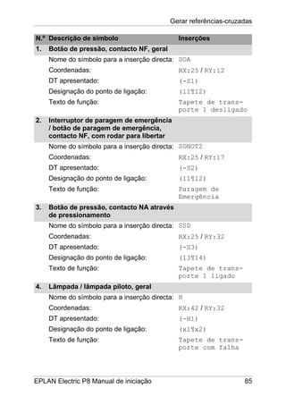 Gerar referências-cruzadas
EPLAN Electric P8 Manual de iniciação 85
N.º Descrição de símbolo Inserções
1. Botão de pressão, contacto NF, geral
Nome do símbolo para a inserção directa:
Coordenadas:
DT apresentado:
Designação do ponto de ligação:
Texto de função:
SOA
RX:25 / RY:12
(-S1)
(11¶12)
Tapete de trans-
porte 1 desligado
2. Interruptor de paragem de emergência
/ botão de paragem de emergência,
contacto NF, com rodar para libertar
Nome do símbolo para a inserção directa:
Coordenadas:
DT apresentado:
Designação do ponto de ligação:
Texto de função:
SONOT2
RX:25 / RY:17
(-S2)
(11¶12)
Paragem de
Emergência
3. Botão de pressão, contacto NA através
de pressionamento
Nome do símbolo para a inserção directa:
Coordenadas:
DT apresentado:
Designação do ponto de ligação:
Texto de função:
SSD
RX:25 / RY:32
(-S3)
(13¶14)
Tapete de trans-
porte 1 ligado
4. Lâmpada / lâmpada piloto, geral
Nome do símbolo para a inserção directa:
Coordenadas:
DT apresentado:
Designação do ponto de ligação:
Texto de função:
H
RX:42 / RY:32
(-H1)
(x1¶x2)
Tapete de trans-
porte com falha
 