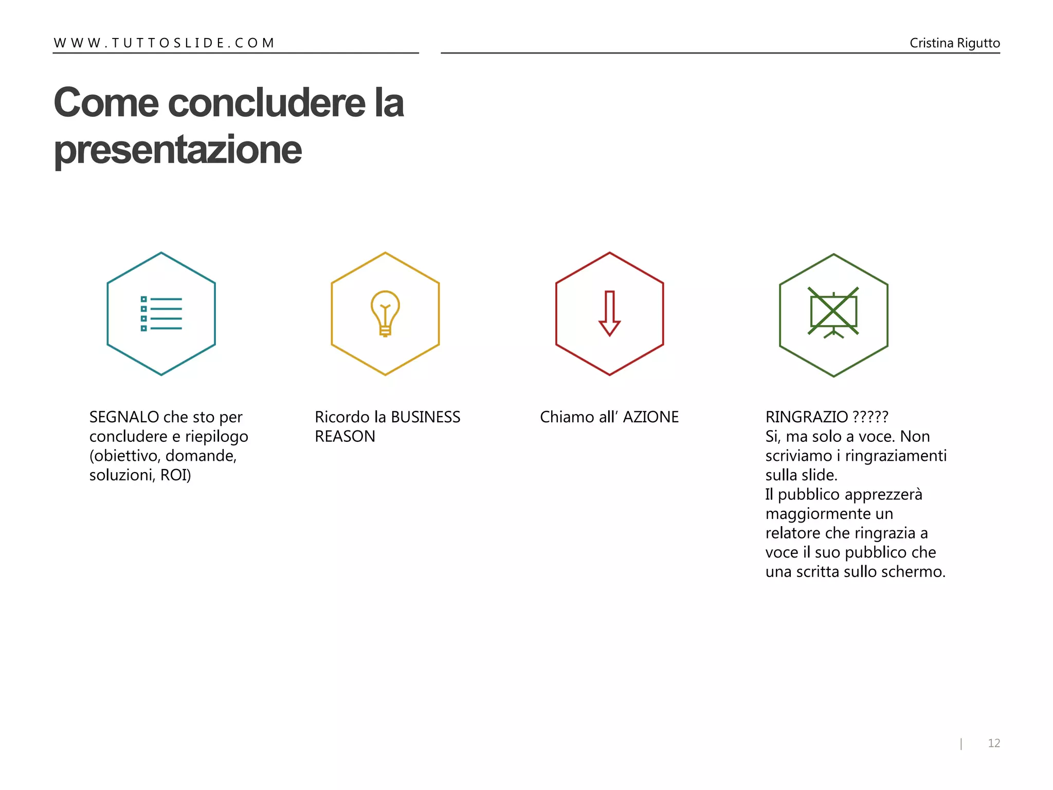 12|
W W W . T U T T O S L I D E . C O M Cristina Rigutto
Come concludere la
presentazione
SEGNALO che sto per
concludere e riepilogo
(obiettivo, domande,
soluzioni, ROI)
Chiamo all’ AZIONERicordo la BUSINESS
REASON
RINGRAZIO ?????
Si, ma solo a voce. Non
scriviamo i ringraziamenti
sulla slide.
Il pubblico apprezzerà
maggiormente un
relatore che ringrazia a
voce il suo pubblico che
una scritta sullo schermo.
 