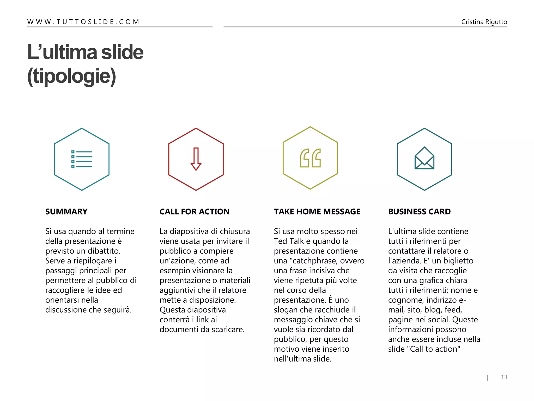 13|
W W W . T U T T O S L I D E . C O M Cristina Rigutto
L’ultimaslide
(tipologie)
SUMMARY
Si usa quando al termine
della presentazione è
previsto un dibattito.
Serve a riepilogare i
passaggi principali per
permettere al pubblico di
raccogliere le idee ed
orientarsi nella
discussione che seguirà.
TAKE HOME MESSAGE
Si usa molto spesso nei
Ted Talk e quando la
presentazione contiene
una "catchphrase, ovvero
una frase incisiva che
viene ripetuta più volte
nel corso della
presentazione. È uno
slogan che racchiude il
messaggio chiave che si
vuole sia ricordato dal
pubblico, per questo
motivo viene inserito
nell'ultima slide.
CALL FOR ACTION
La diapositiva di chiusura
viene usata per invitare il
pubblico a compiere
un'azione, come ad
esempio visionare la
presentazione o materiali
aggiuntivi che il relatore
mette a disposizione.
Questa diapositiva
conterrà i link ai
documenti da scaricare.
BUSINESS CARD
L'ultima slide contiene
tutti i riferimenti per
contattare il relatore o
l'azienda. E' un biglietto
da visita che raccoglie
con una grafica chiara
tutti i riferimenti: nome e
cognome, indirizzo e-
mail, sito, blog, feed,
pagine nei social. Queste
informazioni possono
anche essere incluse nella
slide "Call to action"
 