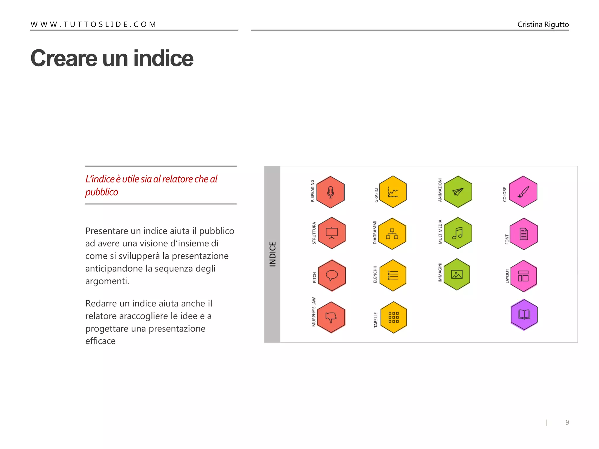 9|
W W W . T U T T O S L I D E . C O M Cristina Rigutto
Creare un indice
Presentare un indice aiuta il pubblico
ad avere una visione d’insieme di
come si svilupperà la presentazione
anticipandone la sequenza degli
argomenti.
Redarre un indice aiuta anche il
relatore araccogliere le idee e a
progettare una presentazione
efficace
L’indiceèutilesiaalrelatorecheal
pubblico
 