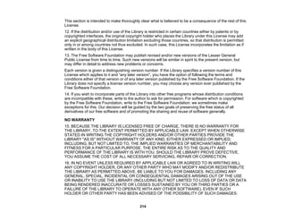 214
This section is intended to make thoroughly clear what is believed to be a consequence of the rest of this
License.
12. If the distribution and/or use of the Library is restricted in certain countries either by patents or by
copyrighted interfaces, the original copyright holder who places the Library under this License may add
an explicit geographical distribution limitation excluding those countries, so that distribution is permitted
only in or among countries not thus excluded. In such case, this License incorporates the limitation as if
written in the body of this License.
13. The Free Software Foundation may publish revised and/or new versions of the Lesser General
Public License from time to time. Such new versions will be similar in spirit to the present version, but
may differ in detail to address new problems or concerns.
Each version is given a distinguishing version number. If the Library specifies a version number of this
License which applies to it and “any later version”, you have the option of following the terms and
conditions either of that version or of any later version published by the Free Software Foundation. If the
Library does not specify a license version number, you may choose any version ever published by the
Free Software Foundation.
14. If you wish to incorporate parts of the Library into other free programs whose distribution conditions
are incompatible with these, write to the author to ask for permission. For software which is copyrighted
by the Free Software Foundation, write to the Free Software Foundation; we sometimes make
exceptions for this. Our decision will be guided by the two goals of preserving the free status of all
derivatives of our free software and of promoting the sharing and reuse of software generally.
NO WARRANTY
15. BECAUSE THE LIBRARY IS LICENSED FREE OF CHARGE, THERE IS NO WARRANTY FOR
THE LIBRARY, TO THE EXTENT PERMITTED BY APPLICABLE LAW. EXCEPT WHEN OTHERWISE
STATED IN WRITING THE COPYRIGHT HOLDERS AND/OR OTHER PARTIES PROVIDE THE
LIBRARY "AS IS" WITHOUT WARRANTY OF ANY KIND, EITHER EXPRESSED OR IMPLIED,
INCLUDING, BUT NOT LIMITED TO, THE IMPLIED WARRANTIES OF MERCHANTABILITY AND
FITNESS FOR A PARTICULAR PURPOSE. THE ENTIRE RISK AS TO THE QUALITY AND
PERFORMANCE OF THE LIBRARY IS WITH YOU. SHOULD THE LIBRARY PROVE DEFECTIVE,
YOU ASSUME THE COST OF ALL NECESSARY SERVICING, REPAIR OR CORRECTION.
16. IN NO EVENT UNLESS REQUIRED BY APPLICABLE LAW OR AGREED TO IN WRITING WILL
ANY COPYRIGHT HOLDER, OR ANY OTHER PARTY WHO MAY MODIFY AND/OR REDISTRIBUTE
THE LIBRARY AS PERMITTED ABOVE, BE LIABLE TO YOU FOR DAMAGES, INCLUDING ANY
GENERAL, SPECIAL, INCIDENTAL OR CONSEQUENTIAL DAMAGES ARISING OUT OF THE USE
OR INABILITY TO USE THE LIBRARY (INCLUDING BUT NOT LIMITED TO LOSS OF DATA OR DATA
BEING RENDERED INACCURATE OR LOSSES SUSTAINED BY YOU OR THIRD PARTIES OR A
FAILURE OF THE LIBRARY TO OPERATE WITH ANY OTHER SOFTWARE), EVEN IF SUCH
HOLDER OR OTHER PARTY HAS BEEN ADVISED OF THE POSSIBILITY OF SUCH DAMAGES.
 