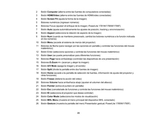 23
2 Botón Computer (alterna entre las fuentes de computadora conectadas)
3 Botón HDMI/Video (alterna entre las fuentes de HDMI/video conectadas)
4 Botón Screen Fit (ajusta la forma de la imagen)
5 Botones numéricos (ingresan números)
6 Botones Focus (ajustan el enfoque de la imagen; PowerLite 1781W/1785W/1795F)
7 Botón Auto (ajusta automáticamente los ajustes de posición, tracking y sincronización)
8 Botón Aspect (selecciona la relación de aspecto de la imagen)
9 Botón Num (cuando se mantiene presionado, cambia los botones numéricos a la función indicada
en los números)
10 Botón Menu (accede al sistema de menús del proyector)
11 Botones de flecha (para navegar por las opciones en pantalla y controlar las funciones del mouse
inalámbrico)
12 Botón Enter (selecciona opciones y controla las funciones del mouse inalámbrico)
13 Botón User (se puede personalizar para diferentes funciones)
14 Botones Page hacia arriba/abajo (controlan las diapositivas de una presentación)
15 Botones E-Zoom +/– (acercan y alejan la imagen)
16 Botón A/V Mute (apaga la imagen y el sonido)
17 Botón Split (divide la pantalla entre dos fuentes de imagen)
18 Botón Home (accede a la pantalla de selección de fuentes, información de ayuda del proyector y
otras funciones)
19 Botón Freeze (detiene la acción del video)
20 Botones Volume hacia arriba/hacia abajo (ajustan el volumen del altavoz)
21 Botón Pointer (activa el puntero en pantalla)
22 Botón Esc (cancela/sale de funciones y controla las funciones del mouse inalámbrico)
23 Botón ID (selecciona el proyector que desea controlar)
24 Botón Color Mode (selecciona los modos de visualización)
25 Botón MHL Menu (muestra el menú principal del dispositivo MHL conectado)
26 Botón Gesture (muestra la pantalla del menú Presentador gestual; PowerLite 1785W/1795F)
 