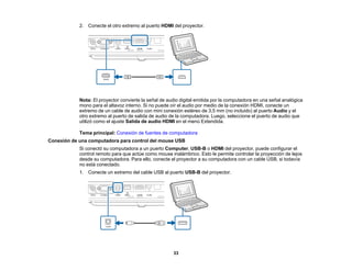 33
2. Conecte el otro extremo al puerto HDMI del proyector.
Nota: El proyector convierte la señal de audio digital emitida por la computadora en una señal analógica
mono para el altavoz interno. Si no puede oír el audio por medio de la conexión HDMI, conecte un
extremo de un cable de audio con mini conexión estéreo de 3,5 mm (no incluido) al puerto Audio y el
otro extremo al puerto de salida de audio de la computadora. Luego, seleccione el puerto de audio que
utilizó como el ajuste Salida de audio HDMI en el menú Extendida.
Tema principal: Conexión de fuentes de computadora
Conexión de una computadora para control del mouse USB
Si conectó su computadora a un puerto Computer, USB-B o HDMI del proyector, puede configurar el
control remoto para que actúe como mouse inalámbrico. Esto le permite controlar la proyección de lejos
desde su computadora. Para ello, conecte el proyector a su computadora con un cable USB, si todavía
no está conectado.
1. Conecte un extremo del cable USB al puerto USB-B del proyector.
 