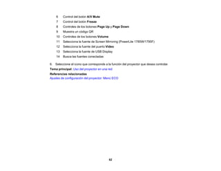 62
6 Control del botón A/V Mute
7 Control del botón Freeze
8 Controles de los botones Page Up y Page Down
9 Muestra un código QR
10 Controles de los botones Volume
11 Selecciona la fuente de Screen Mirroring (PowerLite 1785W/1795F)
12 Selecciona la fuente del puerto Video
13 Selecciona la fuente de USB Display
14 Busca las fuentes conectadas
6. Seleccione el icono que corresponde a la función del proyector que desea controlar.
Tema principal: Uso del proyector en una red
Referencias relacionadas
Ajustes de configuración del proyector: Menú ECO
 