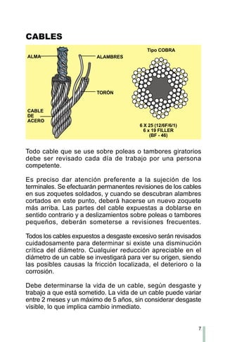 7
Todo cable que se use sobre poleas o tambores giratorios
debe ser revisado cada día de trabajo por una persona
competente.
Es preciso dar atención preferente a la sujeción de los
terminales. Se efectuarán permanentes revisiones de los cables
en sus zoquetes soldados, y cuando se descubran alambres
cortados en este punto, deberá hacerse un nuevo zoquete
más arriba. Las partes del cable expuestas a doblarse en
sentido contrario y a deslizamientos sobre poleas o tambores
pequeños, deberán someterse a revisiones frecuentes.
Todos los cables expuestos a desgaste excesivo serán revisados
cuidadosamente para determinar si existe una disminución
crítica del diámetro. Cualquier reducción apreciable en el
diámetro de un cable se investigará para ver su origen, siendo
las posibles causas la fricción localizada, el deterioro o la
corrosión.
Debe determinarse la vida de un cable, según desgaste y
trabajo a que está sometido. La vida de un cable puede variar
entre 2 meses y un máximo de 5 años, sin considerar desgaste
visible, lo que implica cambio inmediato.
CABLES
ALMA ALAMBRES
TORÓN
CABLE
DE
ACERO
Tipo COBRA
6 X 25 (12/6F/6/1)
6 x 19 FILLER
(BF - 46)
 