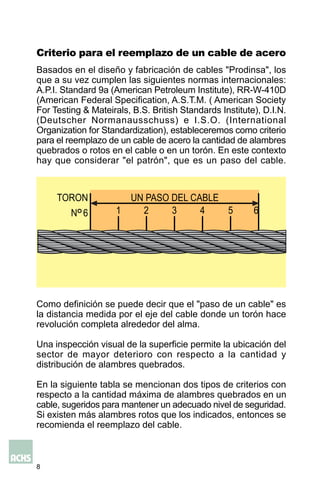 8
Criterio para el reemplazo de un cable de acero
Basados en el diseño y fabricación de cables "Prodinsa", los
que a su vez cumplen las siguientes normas internacionales:
A.P.I. Standard 9a (American Petroleum Institute), RR-W-410D
(American Federal Specification, A.S.T.M. ( American Society
For Testing & Mateirals, B.S. British Standards Institute), D.I.N.
(Deutscher Normanausschuss) e I.S.O. (International
Organization for Standardization), estableceremos como criterio
para el reemplazo de un cable de acero la cantidad de alambres
quebrados o rotos en el cable o en un torón. En este contexto
hay que considerar "el patrón", que es un paso del cable.
Como definición se puede decir que el "paso de un cable" es
la distancia medida por el eje del cable donde un torón hace
revolución completa alrededor del alma.
Una inspección visual de la superficie permite la ubicación del
sector de mayor deterioro con respecto a la cantidad y
distribución de alambres quebrados.
En la siguiente tabla se mencionan dos tipos de criterios con
respecto a la cantidad máxima de alambres quebrados en un
cable, sugeridos para mantener un adecuado nivel de seguridad.
Si existen más alambres rotos que los indicados, entonces se
recomienda el reemplazo del cable.
TORON
N°6
UN PASO DEL CABLE
1 2 3 4 5 6
 