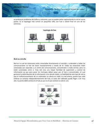 Educación Técnica
“Pioneros en Ciencia y Tecnología al Servicio del Pueblo”
Manual de Equipos Microinformáticos para Tercer Curso de Bachillerato – Electrónica de Consumo 47
se produzcan problemas de tráfico y colisiones, que se pueden paliar segmentando la red en varias
partes. Es la topología más común en pequeñas LAN, con hub o switch final en uno de los
extremos.
Red en estrella
Red en la cual las estaciones están conectadas directamente al servidor u ordenador y todas las
comunicaciones se han de hacer necesariamente a través de él. Todas las estaciones están
conectadas por separado a un centro de comunicaciones, concentrador o nodo central, pero no
están conectadas entre sí. Esta red crea una mayor facilidad de supervisión y control de
información ya que para pasar los mensajes deben pasar por el hub o concentrador, el cual
gestiona la redistribución de la información a los demás nodos. La fiabilidad de este tipo de red es
que el malfuncionamiento de un ordenador no afecta en nada a la red entera, puesto que cada
ordenar se conecta independientemente del hub, el costo del cableado puede llegar a ser muy
alto. Su punto débil consta en el hub ya que es el que sostiene la red en uno.
 