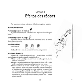 101
Capítulo 8
Efeitos das rédeas
Nas figuras apresentadas adiante são utilizadas as seguintes notações:
Ação das pernas isoladas
Formato do pé < perna de impulsão
A perna de impulsão tem como finalidade impulsionar o cavalo para
frente.
Formato do pé < perna de posição
A perna de posição tem como finalidade determinar, limitar ou evitar o
deslocamento das ancas.
Posição do assento
Peso do corpo
Hachurado para a área em que o cavaleiro sobrecarrega o peso.
Mobilização das ancas
Para se obter a mobilização das ancas com a ajuda da perna, o cavaleiro
que está seguindo na mão esquerda no picadeiro deve:
• Parar o cavalo junto à parede, com tensão nas rédeas, principalmente
	 na rédea direta direita;
• Recuar a perna direita atrás da cilha e pressionar, provocando o avan-
	 ço do posterior direito numa tentativa de avançar para frente;
• Como a tensão nas rédeas não permite avançar, o cavalo coloca o pos-
	 terior direito na frente do esquerdo deslocando as ancas também para
	 o lado esquerdo. Conseguindo um passo, endireitar o cavalo, seguir
	 em frente e agradar. Repetindo para dois, três e mais passos obtém-
	 se a meia volta sobre as espáduas. Repetir o exercício posteriormente
	 com o cavalo na outra mão – mão direita – atuando com a rédea e
	 perna esquerda.
Direita Esquerda Total
 