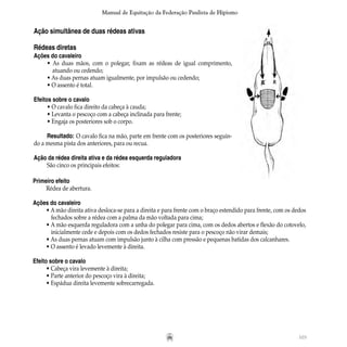 103
Manual de Equitação da Federação Paulista de Hipismo
Ação simultânea de duas rédeas ativas
Rédeas diretas
Ações do cavaleiro
• As duas mãos, com o polegar, fixam as rédeas de igual comprimento,
	 atuando ou cedendo;
• As duas pernas atuam igualmente, por impulsão ou cedendo;
• O assento é total.
Efeitos sobre o cavalo
• O cavalo fica direito da cabeça à cauda;
• Levanta o pescoço com a cabeça inclinada para frente;
• Engaja os posteriores sob o corpo.
Resultado: O cavalo fica na mão, parte em frente com os posteriores seguin-
do a mesma pista dos anteriores, para ou recua.
Ação da rédea direita ativa e da rédea esquerda reguladora
São cinco os principais efeitos:
Primeiro efeito
Rédea de abertura.
Ações do cavaleiro   
• A mão direita ativa desloca-se para a direita e para frente com o braço estendido para frente, com os dedos
	 fechados sobre a rédea com a palma da mão voltada para cima;
• A mão esquerda reguladora com a unha do polegar para cima, com os dedos abertos e flexão do cotovelo,
	 inicialmente cede e depois com os dedos fechados resiste para o pescoço não virar demais;
• As duas pernas atuam com impulsão junto à cilha com pressão e pequenas batidas dos calcanhares.
• O assento é levado levemente à direita.
Efeito sobre o cavalo
• Cabeça vira levemente à direita;
• Parte anterior do pescoço vira à direita;
• Espádua direita levemente sobrecarregada.
 