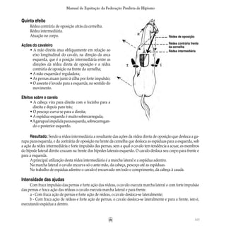 107
Manual de Equitação da Federação Paulista de Hipismo
Quinto efeito	
Rédea contrária de oposição atrás da cernelha.
Rédea intermediária.
Atuação no corpo.
Ações do cavaleiro
• A mão direita atua obliquamente em relação ao
	 eixo longitudinal do cavalo, na direção da anca
	 esquerda, que é a posição intermediária entre as
	 direções da rédea direta de oposição e a rédea
	 contrária de oposição na frente da cernelha;
• A mão esquerda é reguladora;
• As pernas atuam junto à cilha por forte impulsão;
• O assento é levado para a esquerda, no sentido do
	 movimento.
Efeitos sobre o cavalo
• A cabeça vira para direita com o focinho para a
	 direita e depois para trás;
• O pescoço curva-se para a direita;
• A espádua esquerda é muito sobrecarregada;
•Agarupaéimpelidaparaesquerda,sobrecarregan-
	 do o posterior esquerdo.
Rédea de oposição
Rédea contrária frente
da cernelha
Rédea intermediária
Resultado: Sendo a rédea intermediária a resultante das ações da rédea direta de oposição que desloca a ga-
rupa para esquerda, e da contrária de oposição na frente da cernelha que desloca as espáduas para a esquerda, sob
a ação da rédea intermediária e forte impulsão das pernas, sem a qual o cavalo tem tendência a acuar, os membros
do bípede lateral direito cruzam na frente dos bípedes laterais esquerdo. O cavalo desloca seu corpo para frente e
para a esquerda.
A principal utilização desta rédea intermediária é a marcha lateral e a espádua adentro.
Na marcha lateral o cavalo encurva só o ante-mão, da cabeça, pescoço até as espáduas.
No trabalho de espádua adentro o cavalo é encurvado em todo o comprimento, da cabeça à cauda.
Intensidade das ajudas
Com fraca impulsão das pernas e forte ação das rédeas, o cavalo executa marcha lateral e com forte impulsão
das pernas e fraca ação das rédeas o cavalo executa marcha lateral e para frente.
a - Com fraca ação de pernas e forte ação de rédeas, o cavalo desloca-se lateralmente;
b - Com fraca ação de rédeas e forte ação de pernas, o cavalo desloca-se lateralmente e para a frente, isto é,
executando espádua a dentro.
 