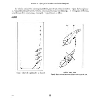 114
Manual de Equitação da Federação Paulista de Hipismo
Ajudas
Iniciar o trabalho de espádua afora na diagonal Espádua direita afora
Cavalo deslocando-se em duas pistas com encurvação total
No entanto, se iniciarmos com a espádua adentro, o cavalo tem em sua frente todo o espaço aberto do picadei-
ro, procurando então acelerar o movimento, escapar da encurvação lateral do corpo e do emprego dos posteriores,
forçando o cavaleiro a efetuar ação mais rígida e prejudicial com as rédeas.
 