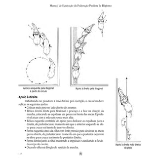 118
Manual de Equitação da Federação Paulista de Hipismo
Apoio à direita
Trabalhando no picadeiro à mão direita, por exemplo, o cavaleiro deve
aplicar as seguintes ajudas:
• Colocar mais peso no lado direito do assento;
• Rédea direita direta para flexionar o pescoço e a face na direção da
		 marcha, colocando as espáduas um pouco na frente das ancas. É prefe-
		 rível atuar com a mão um pouco mais alta;
• Rédea esquerda contrária de apoio para deslocar as espáduas para a
		 direita, de preferência no momento em que o anterior esquerdo se ele-
		 va para cruzar na frente do anterior direito;
• Perna esquerda atrás da cilha com forte pressão para deslocar as ancas
		 para a direita, de preferência no momento em que o posterior esquerdo
		 se eleva para cruzar na frente do posterior direito;
• Perna direita junto à cilha, mantendo a impulsão e auxiliando a flexão	
		 do corpo do cavalo;
• O cavalo olha na direção do sentido da marcha.
Apoio à esquerda pela diagonal
à partir do circulo
Apoio à direita pela diagonal
Apoio à direita mão direita
da pista
 