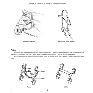 18
Manual de Equitação da Federação Paulista de Hipismo
Focinheira mexicana Cabeçada com bridão elevador
Freios
O freio é uma embocadura com uma peça que atravessa a boca do animal (bocado), com ou sem montada
(elevação) e formando uma única peça com os ramos laterais (cambas). Deve ser usado com barbela.
O freio é tanto mais violento quanto maiores forem as cambas, mais fino o bocado e mais acentuada a mon-
tada.
Normal L’Hotte
Bocado
Barbela
Camba
 
