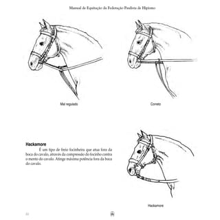 22
Manual de Equitação da Federação Paulista de Hipismo
Mal regulado Correto
Hackamore
	 É um tipo de freio focinheira que atua fora da
boca do cavalo, através da compressão do focinho contra
o mento do cavalo. Atinge máxima potência fora da boca
do cavalo.
Hackamore
 