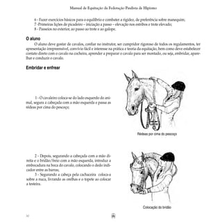 30
Manual de Equitação da Federação Paulista de Hipismo
6 - Fazer exercícios básicos para o equilíbrio e combater a rigidez, de preferência sobre manequim;
7 -Primeiras lições de picadeiro – iniciação a passo – elevação nos estribos e trote elevado;
8 - Passeios no exterior, ao passo ao trote e ao galope.
O aluno
O aluno deve gostar de cavalos, confiar no instrutor, ser cumpridor rigoroso de todos os regulamentos, ter
apresentação irrepreensível, convívio fácil e interesse na prática e teoria da equitação, bem como deve estabelecer
contato direto com o cavalo na cocheira, aprender a preparar o cavalo para ser montado, ou seja, embridar, apare-
lhar e conduzir o cavalo.
Embridar e enfrear
1 - O cavaleiro coloca-se do lado esquerdo do ani-
mal, segura a cabeçada com a mão esquerda e passa as
rédeas por cima do pescoço;
Rédeas por cima do pescoço
Colocação do bridão
2 - Depois, segurando a cabeçada com a mão di-
reita e o bridão/freio com a mão esquerda, introduz a
embocadura na boca do cavalo, colocando o dedo indi-
cador entre as barras;
3 - Segurando a cabeça pela cachaceira coloca-a
sobre a nuca, livrando as orelhas e o topete ao colocar
a testeira.
 