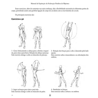 38
Manual de Equitação da Federação Paulista de Hipismo
1 - Girar ritmicamente a cabeça para a direita e esquer-
da, para cima e para baixo. Rotação da cabeça e pescoço.
Este exercício alonga e solta os músculos do pescoço.
2 - Rotação dos braços para o alto e descendo pelo lado
oposto.
Este exercício solta a musculatura e as articulações dos
ombros.
3 - Jogar os braços para cima e para trás.
Este exercício alonga e solta os músculos do peito.
4 - Bambolear os braços.
Este exercício solta a cintura e os ombros.
Esses exercícios, além de aumentar sua auto-confiança, dão a flexibilidade necessária às diferentes partes do
corpo, permitindo assim uma perfeita ligação do corpo do cavaleiro com os movimentos do cavalo.
Os principais exercícios são:
Exercícios a pé
 