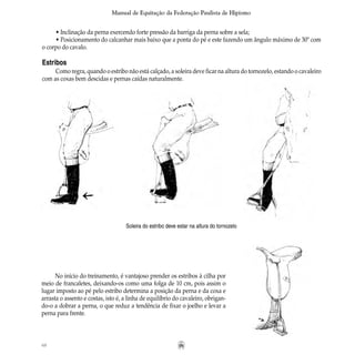 48
Manual de Equitação da Federação Paulista de Hipismo
• Inclinação da perna exercendo forte pressão da barriga da perna sobre a sela;
• Posicionamento do calcanhar mais baixo que a ponta do pé e este fazendo um ângulo máximo de 30º com
o corpo do cavalo.
Estribos
Como regra, quando o estribo não está calçado, a soleira deve ficar na altura do tornozelo, estando o cavaleiro
com as coxas bem descidas e pernas caídas naturalmente.
Soleira do estribo deve estar na altura do tornozelo
No início do treinamento, é vantajoso prender os estribos à cilha por
meio de francaletes, deixando-os como uma folga de 10 cm, pois assim o
lugar imposto ao pé pelo estribo determina a posição da perna e da coxa e
arrasta o assento e costas, isto é, a linha de equilíbrio do cavaleiro, obrigan-
do-o a dobrar a perna, o que reduz a tendência de fixar o joelho e levar a
perna para frente.
 