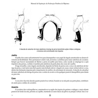 50
Manual de Equitação da Federação Paulista de Hipismo
A descida do calcanhar dá maior aderência à barriga da perna transmitindo ações nítidas e enérgicas
e funciona como amortecedor dos impactos
Joelho
O joelho deve estar suficientemente livre para desempenhar o seu papel de ângulo amortecedor no desenvol-
vimento da flexibilidade. Deve permanecer unido à sela, de forma a contribuir para maior aderência do cavaleiro.
Sempre que houver necessidade de libertar a perna do joelho para baixo, como sucede ao empregar-se a ação
impulsiva das pernas, a solidez é mantida pela aderência da parte plana das coxas até o joelho.
O jogo do joelho, como ângulo amortecedor, depende da flexão da perna com a coxa e da aderência da bar-
riga da perna, e será tanto mais fácil quanto mais fechado estiver o ângulo em causa e mais vertical estiver a coxa,
dentro das limitações impostas pelo comprimento do estribo e da articulação do tornozelo. Adescida do calcanhar
dá maior aderência da barriga da perna com o ventre do cavalo e evita qualquer possível desequilíbrio para diante
ou para trás.
Coxa
A coxa deve ficar tão descida quanto possível na vertical, fixando-se na sela pela sua parte plana, contribuin-
do assim para a solidez do cavaleiro.
Assento
O cavaleiro deve enforquilhar-se, assentando-se na região dos ísquios do períneo e nádegas, o mais adiante
possível do fundo da sela, próximo ao cepilho, mantendo os ossos ilíacos da pélvis na posição vertical. Isso é ne-
 