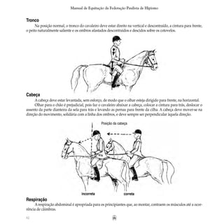 52
Manual de Equitação da Federação Paulista de Hipismo
Tronco
Na posição normal, o tronco do cavaleiro deve estar direito na vertical e descontraído, a cintura para frente,
o peito naturalmente saliente e os ombros afastados descontraídos e descidos sobre os cotovelos.
Cabeça
A cabeça deve estar levantada, sem esforço, de modo que o olhar esteja dirigido para frente, na horizontal.
Olhar para o chão é prejudicial, pois faz o cavaleiro abaixar a cabeça, colocar a cintura para trás, deslocar o
assento da parte dianteira da sela para trás e levando as pernas para frente da cilha. A cabeça deve mover-se na
direção do movimento, solidária com a linha dos ombros, e deve sempre ser perpendicular àquela direção.
incorreta correta
Posição da cabeça
Respiração
Arespiração abdominal é apropriada para os principiantes que, ao montar, contraem os músculos até a ocor-
rência de câimbras.
 