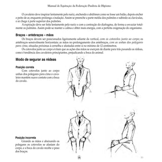 53
Manual de Equitação da Federação Paulista de Hipismo
O cavaleiro deve inspirar lentamente pelo nariz, enchendo o abdômen como se fosse um balão, depois encher
o peito de ar, enquanto prolonga a inalação. Assim se preenche a parte média dos pulmões e subindo as clavículas,
o ar chega à parte superior dos pulmões.
A expiração deve ser feita lentamente pelo nariz e com a contração do diafragma, de forma a esvaziar total-
mente os pulmões. Assim pode-se manter a calma e obter mais energia, com a perfeita oxigenação do organismo.
Braços – antebraços – mãos
Os braços devem ser posicionados ligeiramente adiante da vertical, com os cotovelos junto ao corpo; os
antebraços sensivelmente horizontais; as mãos no prolongamento dos antebraços, com as unhas dos polegares
para cima, situadas próximas à cernelha e afastadas entre si no mínimo de 12 centímetros.
Os cotovelos junto ao corpo evitam que as ações das mãos se exerçam de diante para trás puxando as rédeas,
como é tendência dos cavaleiros principiantes, prejudicando a boca do animal.
Modo de segurar as rédeas
Posição correta
Com cotovelos junto ao corpo
unhas dos polegares para cima o cava-
leiro mantém suave contato com a boca
do cavalo.
Posição incorreta
Girando as mãos e abaixando os
polegares os cotovelos se afastam do
corpo, e a boca do cavalo recebe o peso
dos braços.
 