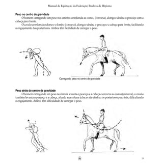 59
Manual de Equitação da Federação Paulista de Hipismo
Peso no centro de gravidade
O homem carregando um peso nos ombros arredonda as costas, (convexa), alonga e abaixa o pescoço com a
cabeça para frente.
O cavalo arredonda o dorso e o lombo (convexo), alonga e abaixa o pescoço e a cabeça para frente, facilitando
o engajamento dos posteriores. Ambos têm facilidade de carregar o peso.
Carregando peso no centro de gravidade
Peso atrás do centro de gravidade
O homem carregando um peso na cintura levanta o pescoço e a cabeça e encurva as costas (côncava), o cavalo
também levanta o pescoço e a cabeça, afunda sua coluna (côncava) e desloca os posteriores para trás, dificultando
o engajamento. Ambos têm dificuldade de carregar o peso.
 