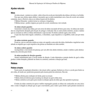 66
Manual de Equitação da Federação Paulista de Hipismo
Ajudas naturais
Mãos
As mãos atuam - resistem ou cedem - sobre a boca do cavalo por intermédio das rédeas e do freio e/ou bridão.
Para que seus efeitos sejam nítidos é necessário que as mãos mantenham com a boca do cavalo um contato
constante, suave e flexível, como se as rédeas fossem um fio elástico.
• Rédeas flutuantes - podem tornar-se confusas e irregulares;
• Rédeas tensas - podem originar, por parte do cavalo, resistências e má vontade.
As mãos atuam quando:
Aumentam a tensão das rédeas, por um cerrar de dedos executado de baixo para cima. As rédeas são manti-
das no comprimento desejado pela fixação do polegar e indicador. São os outros dedos (mínimo, anular e médio)
que ao cerrarem-se sobre as rédeas determinam a ação da mão. Os dedos cedendo agem como molas.
A ação das duas mãos regula a andadura, a velocidade, a ação impulsiva e o equilíbrio, neste caso por meia
parada.
As mãos resistem quando:
Fixam-se, com os cotovelos unidos ao corpo, em seguida a uma ação das mãos, destinadas a regularizar uma
atitude ou impedir que a ação impulsiva das pernas se manifeste em outro sentido.
As mãos cedem quando:
Acompanham o movimento do pescoço, por um abrir dos dedos (mínimo, anular e médio) e pelo desloca-
mento dos cotovelos para frente.
As mãos mudam de direção quando:	
Atuam isoladamente para o cavalo mudar de direção. A mão determina a posição dentro da qual a rédea
produz o efeito desejado, podendo ser direta ou contrária, conforme a direção que atua.
Rédeas
Rédeas simples
Fazem parte da equitação elementar e não atuam sobre a garupa, limitam-se a levar o cavalo para frente ou
em voltas, de modo aos posteriores passarem pela mesma pista dos anteriores. Elas são:
• Rédeas diretas para condução em frente, parar ou recuar;
• Rédea direta de abertura para mudança na direção na qual a rédea atua;
• Rédea contrária ou de apoio para mudar na direção oposta da rédea que atua apoiada no pescoço.
O efeito da rédea contrária de apoio é melhor empregado quando as rédeas são conduzidas em uma única
mão. A mão é dirigida na direção que se quer o movimento, para o lado e para frente e pela pressão exercida no
 
