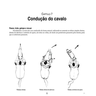 73
Passo, trote, galope e recuar
Inicialmente o cavalo deve ser conduzido de forma natural, utilizando-se somente as rédeas simples diretas,
diretas de abertura e contrária de apoio, em retas ou voltas, de modo aos posteriores passarem pela mesma pista
que os anteriores passaram.
Capítulo 7
Condução do cavalo
	 Rédeas diretas	 Rédea direta de abertura	 Rédea contrária de apoio
 