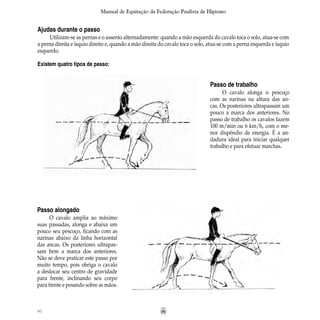 80
Manual de Equitação da Federação Paulista de Hipismo
Passo de trabalho
O cavalo alonga o pescoço
com as narinas na altura das an-
cas. Os posteriores ultrapassam um
pouco a marca dos anteriores. No
passo de trabalho os cavalos fazem
100 m/min ou 6 km/h, com o me-
nor dispêndio de energia. É a an-
dadura ideal para iniciar qualquer
trabalho e para efetuar marchas.
Ajudas durante o passo
Utilizam-se as pernas e o assento alternadamente: quando a mão esquerda do cavalo toca o solo, atua-se com
a perna direita e ísquio direito e, quando a mão direita do cavalo toca o solo, atua-se com a perna esquerda e ísquio
esquerdo.
Existem quatro tipos de passo:
Passo alongado
O cavalo amplia ao máximo
suas passadas, alonga e abaixa um
pouco seu pescoço, ficando com as
narinas abaixo da linha horizontal
das ancas. Os posteriores ultrapas-
sam bem a marca dos anteriores.
Não se deve praticar este passo por
muito tempo, pois obriga o cavalo
a deslocar seu centro de gravidade
para frente, inclinando seu corpo
para frente e pesando sobre as mãos.
 