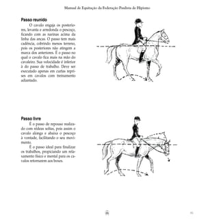 81
Manual de Equitação da Federação Paulista de Hipismo
Passo reunido
O cavalo engaja os posterio-
res, levanta e arredonda o pescoço,
ficando com as narinas acima da
linha das ancas. O passo tem mais
cadência, cobrindo menos terreno,
pois os posteriores não atingem a
marca dos anteriores. É o passo no
qual o cavalo fica mais na mão do
cavaleiro. Sua velocidade é inferior
à do passo de trabalho. Deve ser
executado apenas em curtas repri-
ses em cavalos com treinamento
adiantado.
Passo livre
É o passo de repouso realiza-
do com rédeas soltas, pois assim o
cavalo alonga e abaixa o pescoço
à vontade, facilitando o seu movi-
mento.
É o passo ideal para finalizar
os trabalhos, propiciando um rela-
xamento físico e mental para os ca-
valos retornarem aos boxes.
 