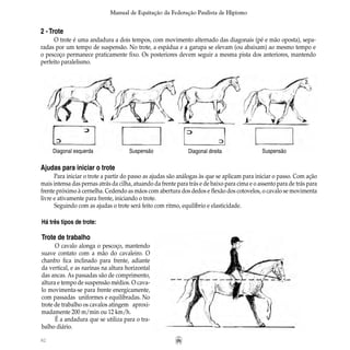 82
Manual de Equitação da Federação Paulista de Hipismo
Ajudas para iniciar o trote
Para iniciar o trote a partir do passo as ajudas são análogas às que se aplicam para iniciar o passo. Com ação
mais intensa das pernas atrás da cilha, atuando da frente para trás e de baixo para cima e o assento para de trás para
frente próximo à cernelha. Cedendo as mãos com abertura dos dedos e flexão dos cotovelos, o cavalo se movimenta
livre e ativamente para frente, iniciando o trote.
Seguindo com as ajudas o trote será feito com ritmo, equilíbrio e elasticidade.
	
2 -Trote
O trote é uma andadura a dois tempos, com movimento alternado das diagonais (pé e mão oposta), sepa-
radas por um tempo de suspensão. No trote, a espádua e a garupa se elevam (ou abaixam) ao mesmo tempo e
o pescoço permanece praticamente fixo. Os posteriores devem seguir a mesma pista dos anteriores, mantendo
perfeito paralelismo.
Diagonal esquerda Suspensão Diagonal direita Suspensão
Há três tipos de trote:
Trote de trabalho
O cavalo alonga o pescoço, mantendo
suave contato com a mão do cavaleiro. O
chanfro fica inclinado para frente, adiante
da vertical, e as narinas na altura horizontal
das ancas. As passadas são de comprimento,
altura e tempo de suspensão médios. O cava-
lo movimenta-se para frente energicamente,
com passadas uniformes e equilibradas. No
trote de trabalho os cavalos atingem aproxi-
madamente 200 m/min ou 12 km/h.
É a andadura que se utiliza para o tra-
balho diário.
 