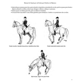 93
Manual de Equitação da Federação Paulista de Hipismo
•Apósefetuarospassosparatrás,aproveitandoaimpulsãoacumuladadocavalo,partiraopassoparafrentee
	 depois soltando as rédeas, deixar que alongue e abaixe a cabeça e o pescoço;
• Nunca puxar as rédeas para trás, pois as rédeas só resistem;
• O recuar bem executado é uma ótima ginástica para fortalecer o lombo e os posteriores dos cavalos.
Cavalo reunido, impulsão das pernas, resistência das mãos Cavalo executando passos para trás
Após recuar, seguir livre para frente
 