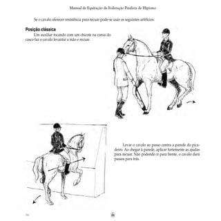 94
Manual de Equitação da Federação Paulista de Hipismo
Se o cavalo oferecer resistência para recuar pode-se usar os seguintes artifícios:
Posição clássica
Um auxiliar tocando com um chicote na coroa do
casco faz o cavalo levantar a mão e recuar.
Levar o cavalo ao passo contra a parede do pica-
deiro. Ao chegar à parede, aplicar fortemente as ajudas
para recuar. Não podendo ir para frente, o cavalo dará
passos para trás.
 
