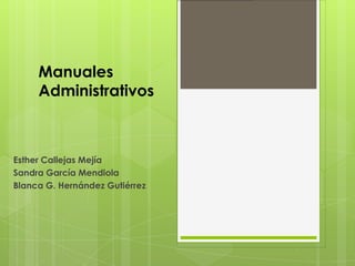 Manuales
     Administrativos



Esther Callejas Mejía
Sandra García Mendiola
Blanca G. Hernández Gutiérrez
 
